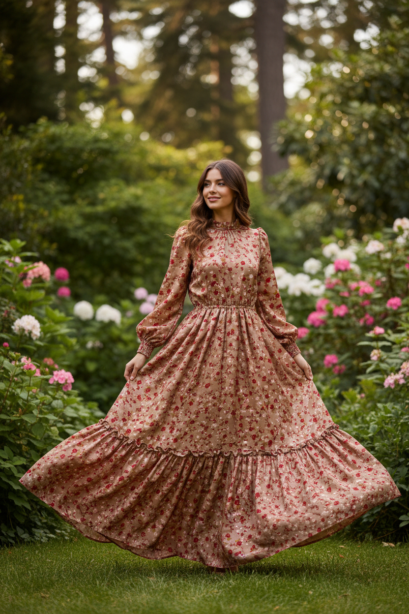 Flowing dress made from mocha satin dobby fabric with red dainty florals in an outdoor setting