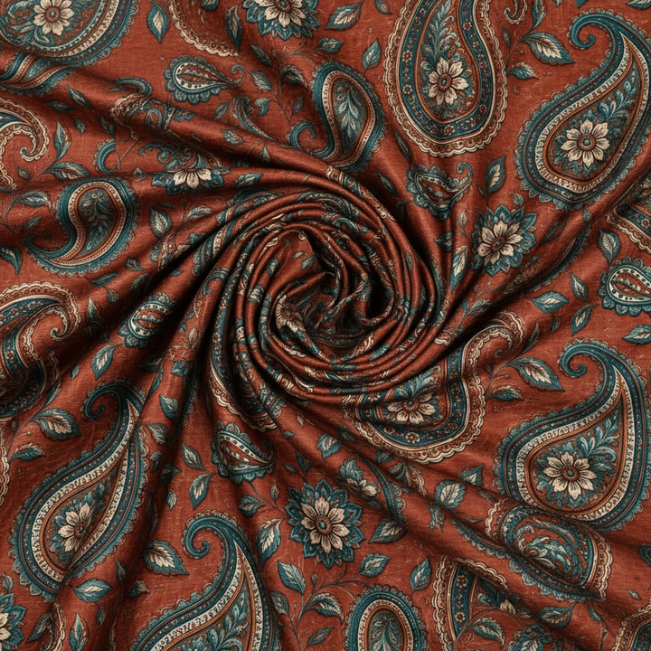 Boho Paisley satin fabric swirl shot showing 2.25 inch paisley motif