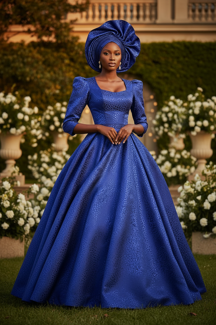Full coordinated look with Gele head tie, matching top and flowing maxi skirt in royal blue small animal print jacquard satin