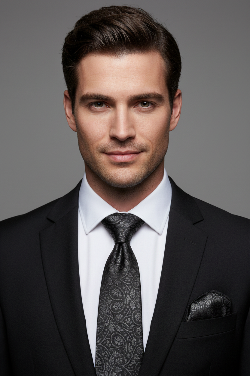 Male model wearing a matching black and white paisley satin necktie and pocket square set