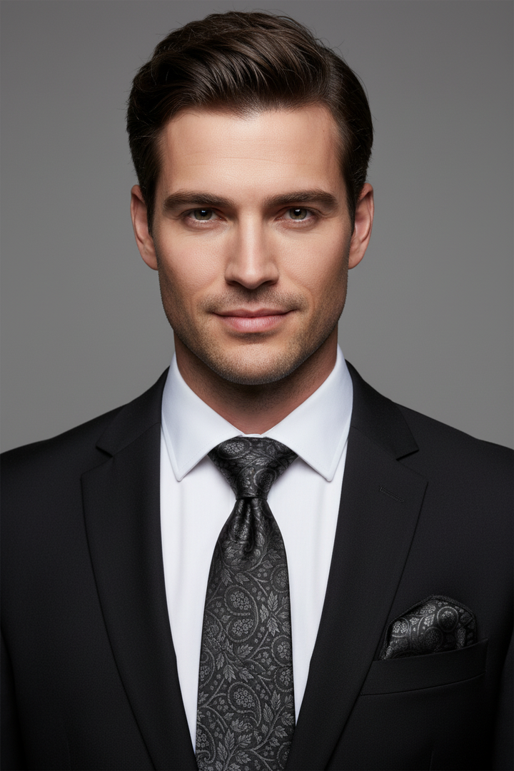 Male model wearing a matching black and white paisley satin necktie and pocket square set