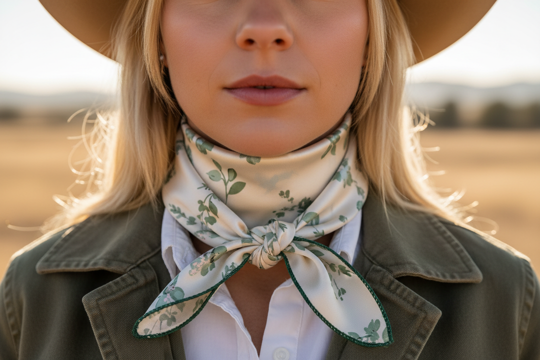 Close-up of green floral satin wildrag neckerchief with dark green thread hem, tied at center front of neck on blonde model in cowboy hat and green jacket