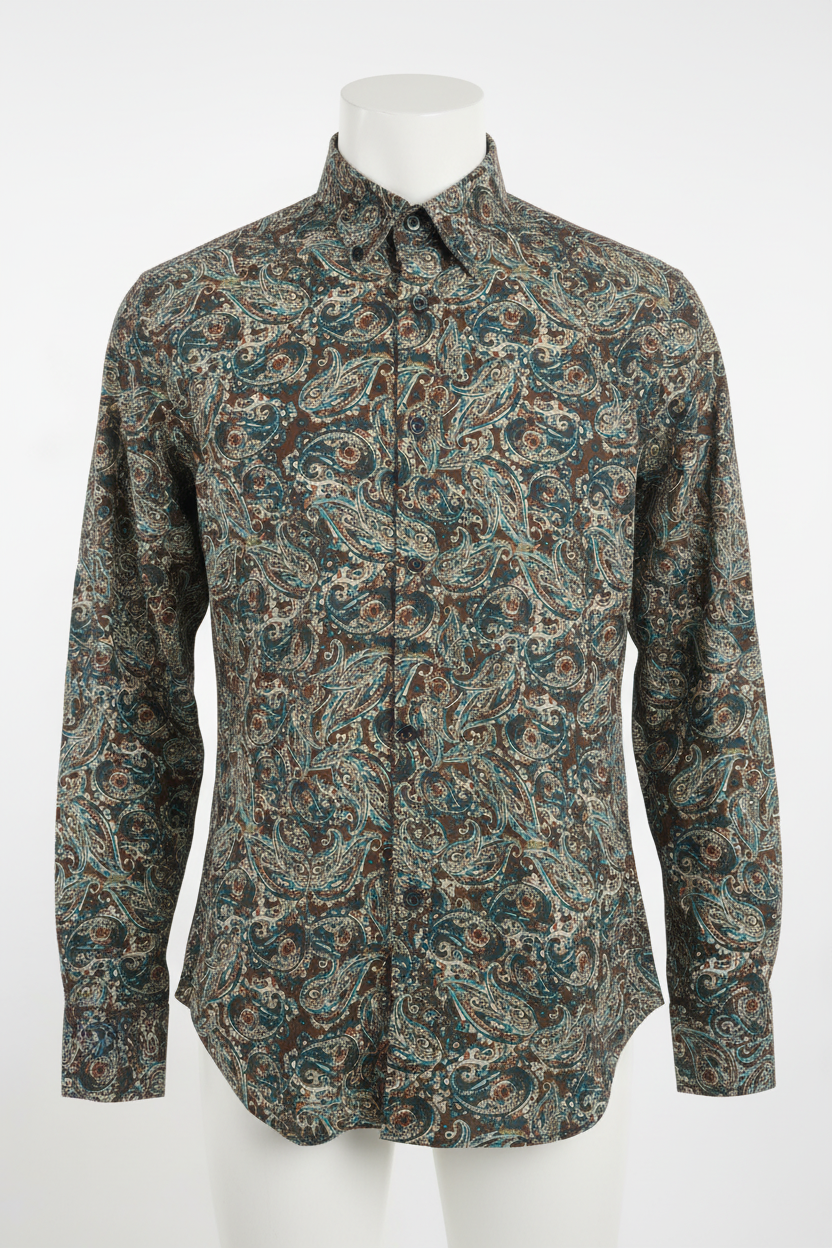 Tailored collared button-down shirt in brown teal paisley print on mannequin