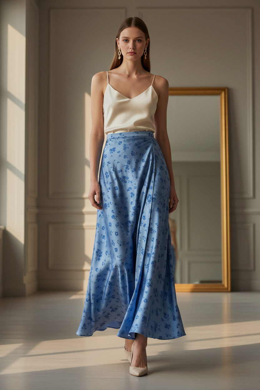 Fancy flowing skirt with small delicate floral pattern in denim blue silky jacquard satin