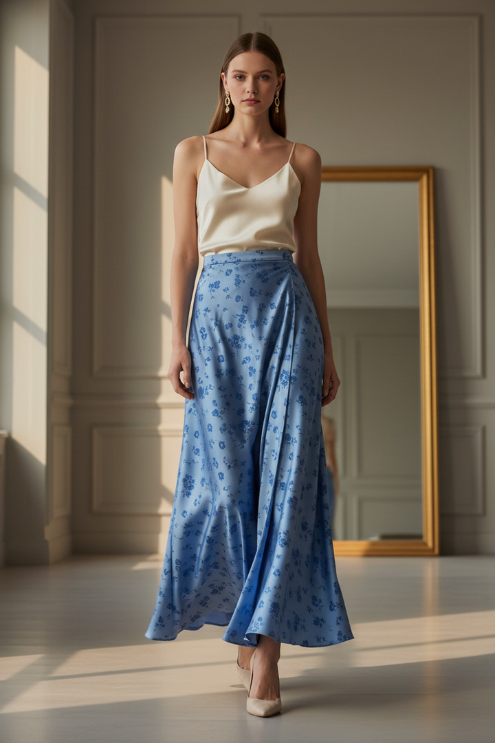 Fancy flowing skirt with small delicate floral pattern in denim blue silky jacquard satin
