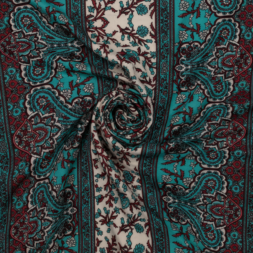 Red and Teal Paisley Woolpeach fabric swirl product shot
