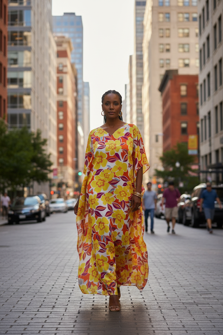 Middle-aged African American woman wearing yellow floral satin kaftan in outdoor city scene
