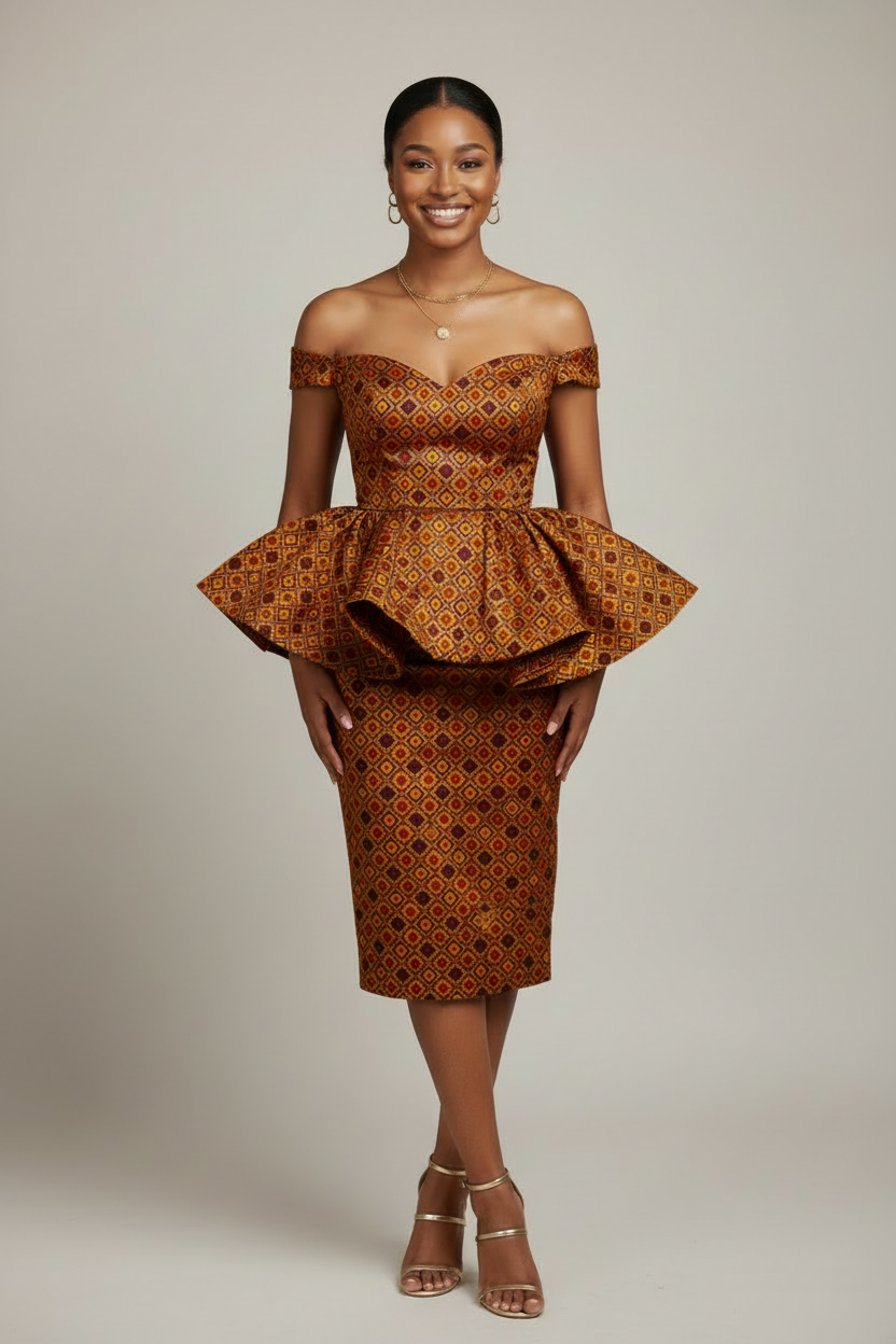 Young African woman wearing an Ankara-style peplum dress made from golden geometric squares charmeuse satin fabric