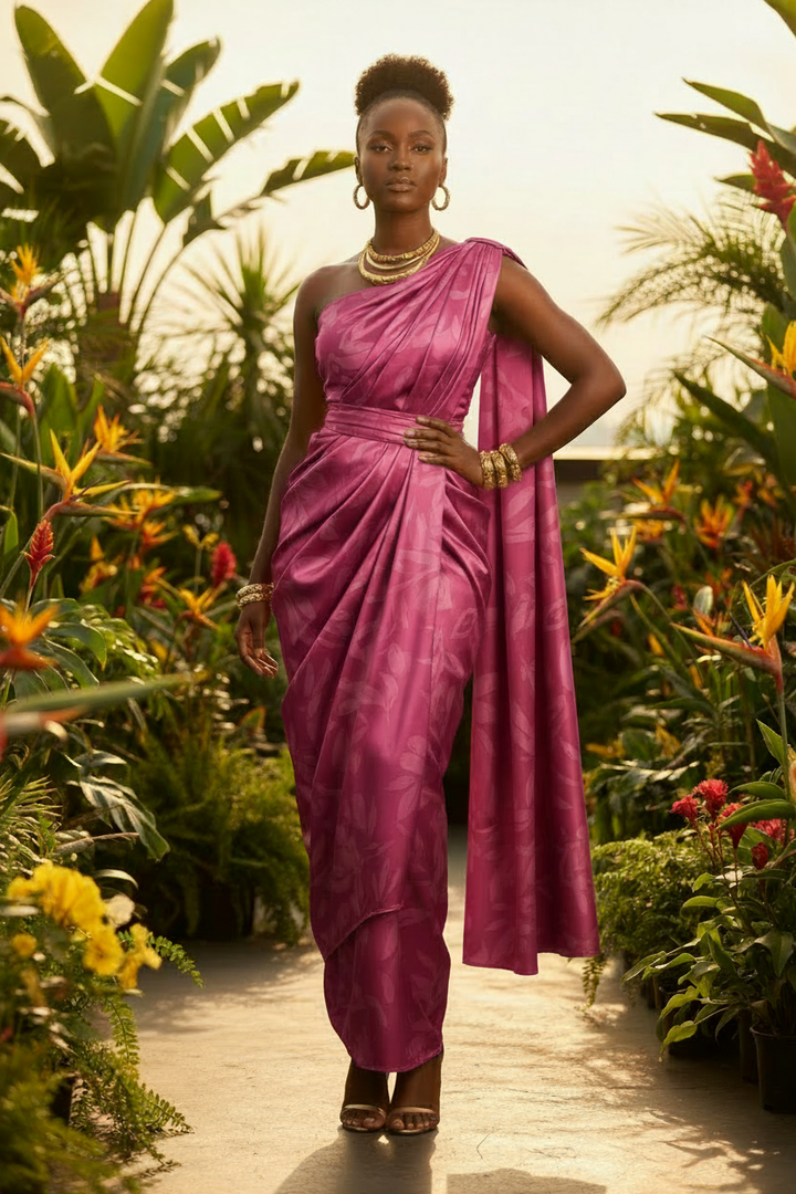 African model wearing a Rwandan Mushanana dress in leaves two-toned print faux silk charmeuse satin with rich vibrant colors in an outdoor setting