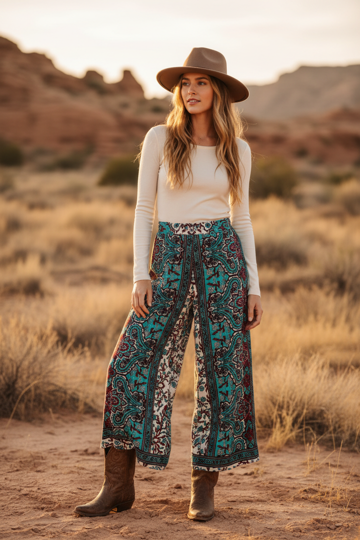 Bohemian western model wearing flowy Red and Teal Paisley Woolpeach pants