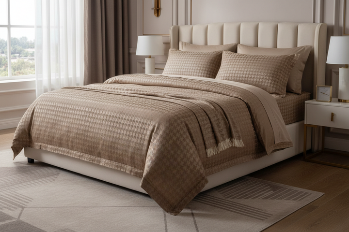 Taupe Houndstooth Silky Jacquard Satin Bedding Set
