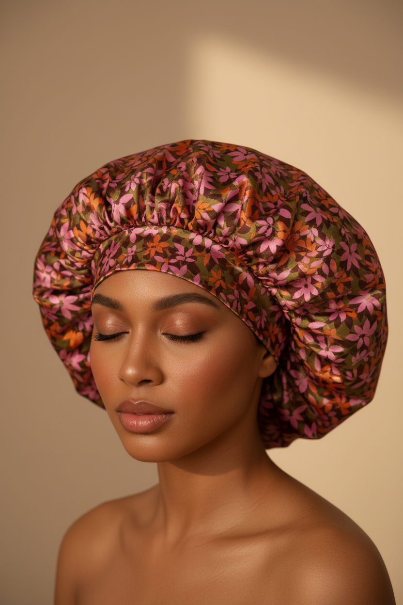 Model wearing a full-coverage satin hair bonnet in nature floral charmeuse print