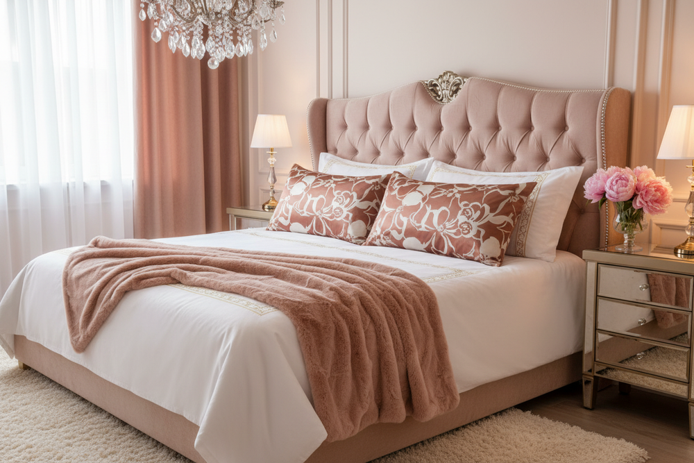 Luxurious feminine bedroom with floral two-toned print faux silk charmeuse satin pillowcases on an elegant bed