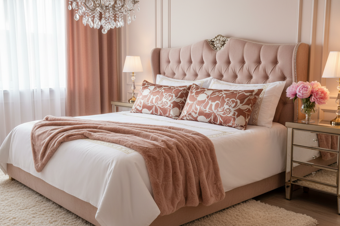 Luxurious feminine bedroom with floral two-toned print faux silk charmeuse satin pillowcases on an elegant bed