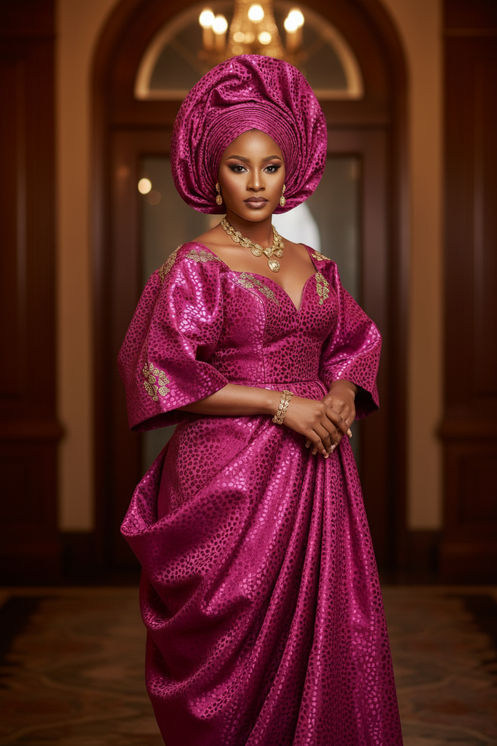 Full coordinated look with Gele head tie, matching top and flowing skirt in small animal jacquard satin