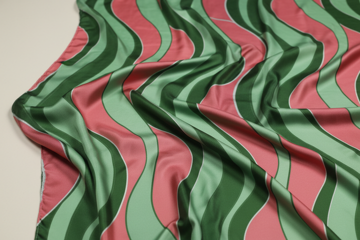 Close-up product shot of draped green pink print silky charmeuse satin fabric showing texture and sheen