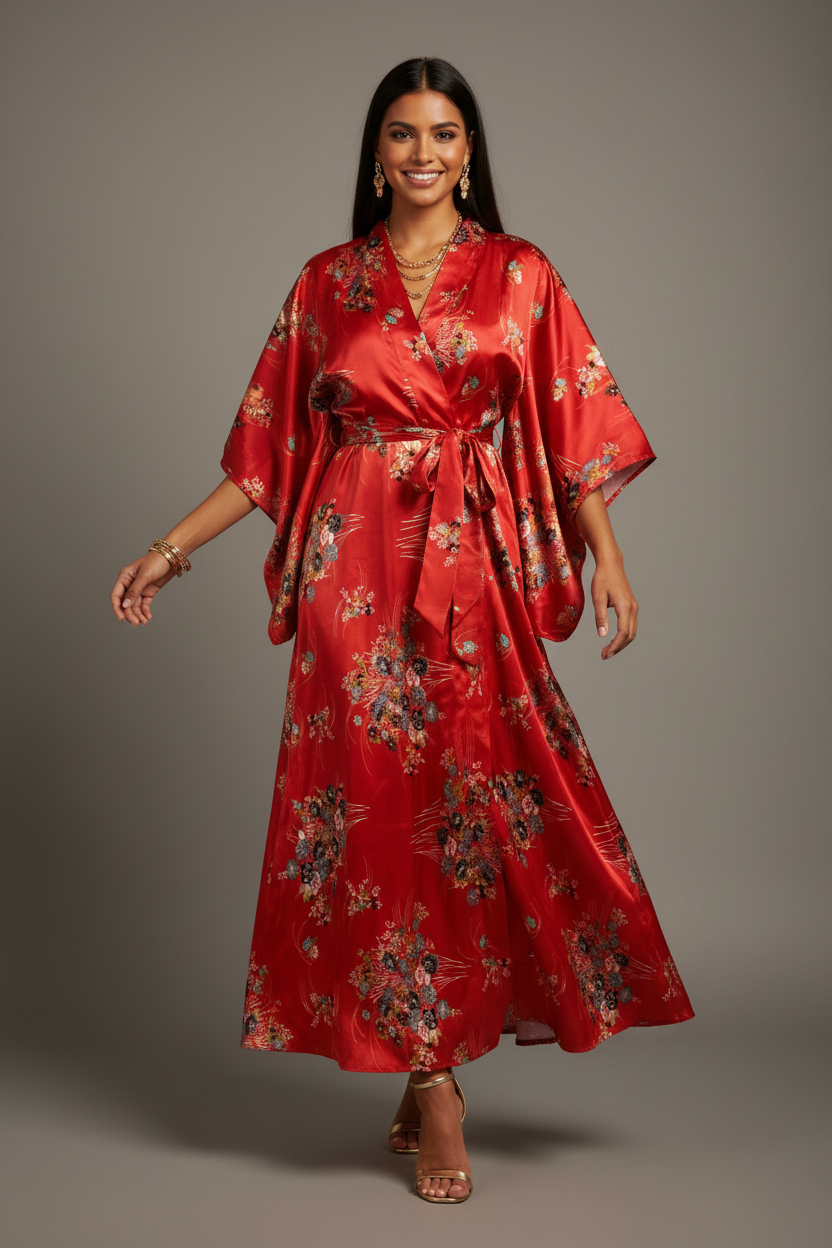 Woman wearing a flowing kimono dress made from red floral print charmeuse satin fabric, belted at the waist with no pants