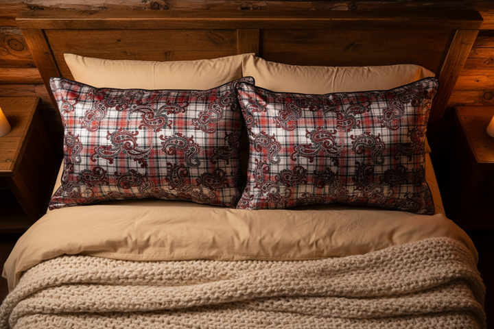 Set of two black and red paisley plaid satin pillowcases with black trim, overhead view on rustic cabin bed
