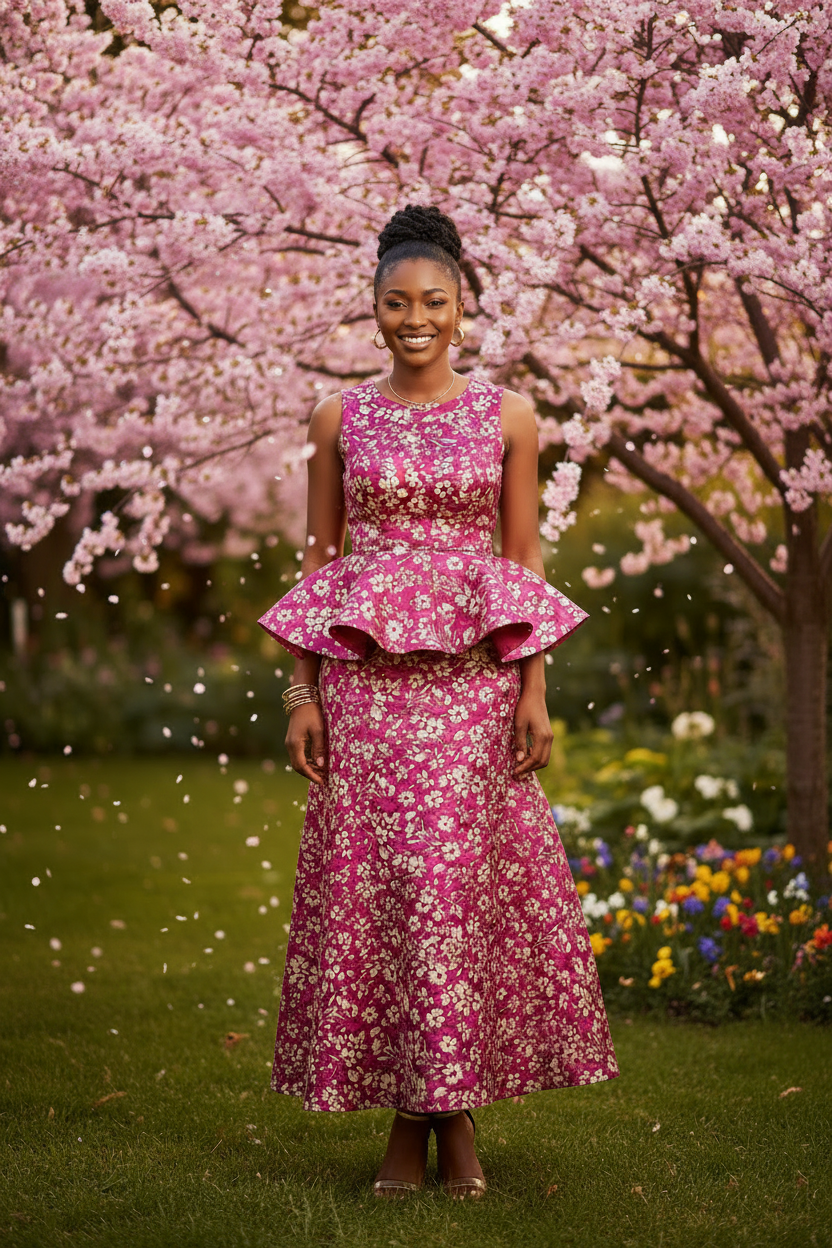 Young African American woman wearing an Ankara-style peplum dress made from raspberry floral print charmeuse satin fabric in a spring outdoor setting with cherry blossoms