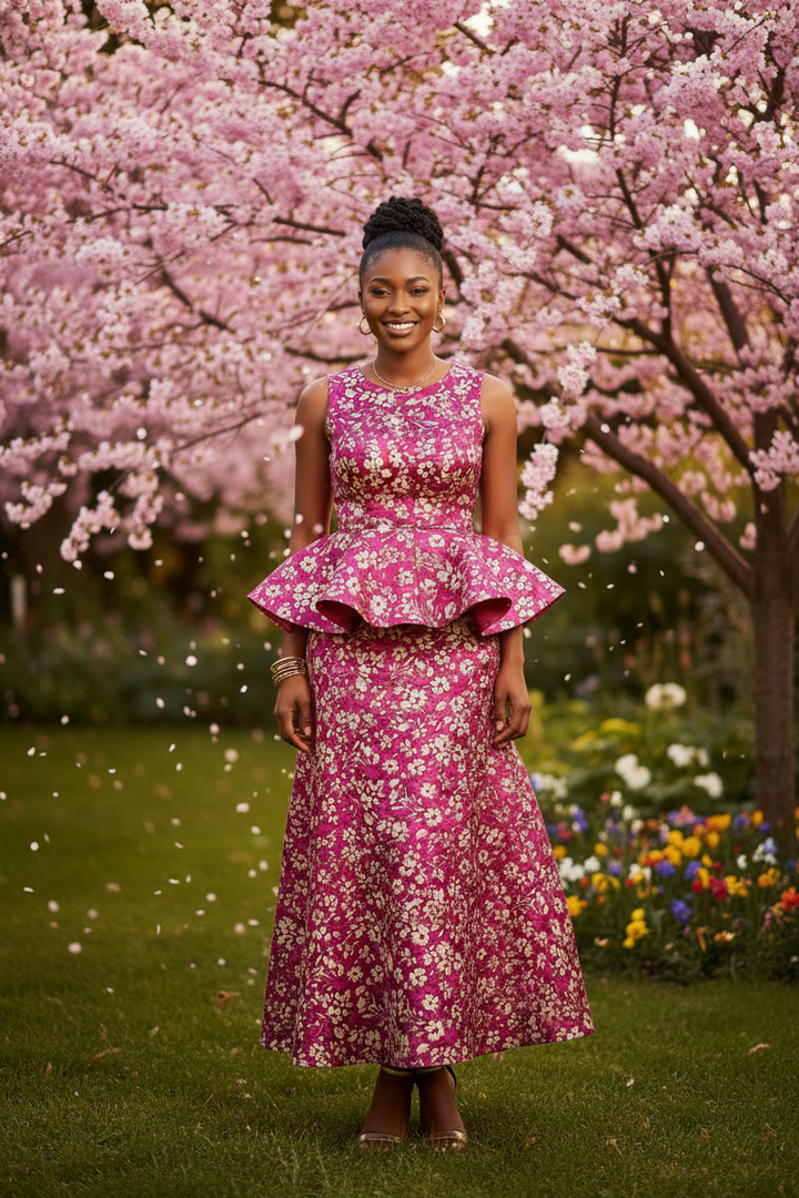 Young African American woman wearing an Ankara-style peplum dress made from raspberry floral print charmeuse satin fabric in a spring outdoor setting with cherry blossoms