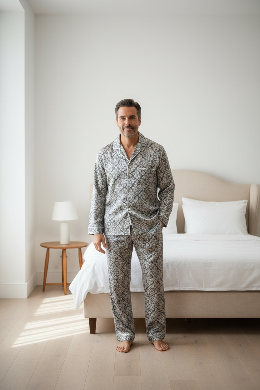 Latin American man standing in button-up pajama set in gray and white damask print silky satin charmeuse, minimalist bedroom setting