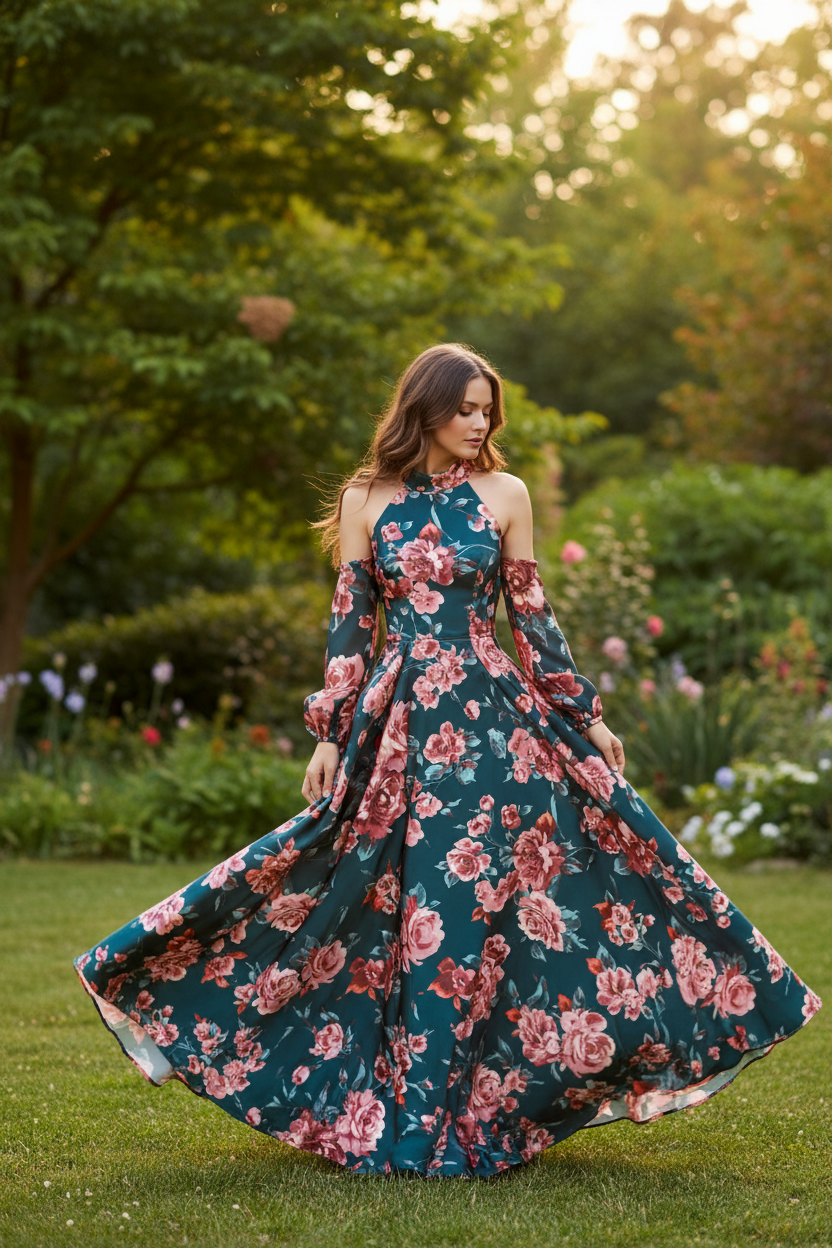 Flowing dress made from dark teal and coral floral print satin fabric in an outdoor setting