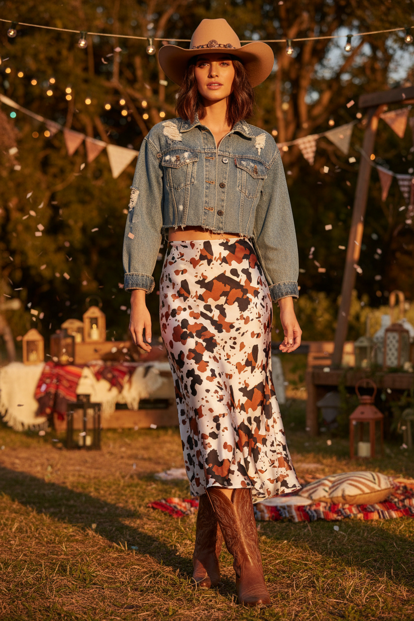 Brunette model wearing satin slip skirt in cow print charmeuse fabric, western outfit, outdoor party scene