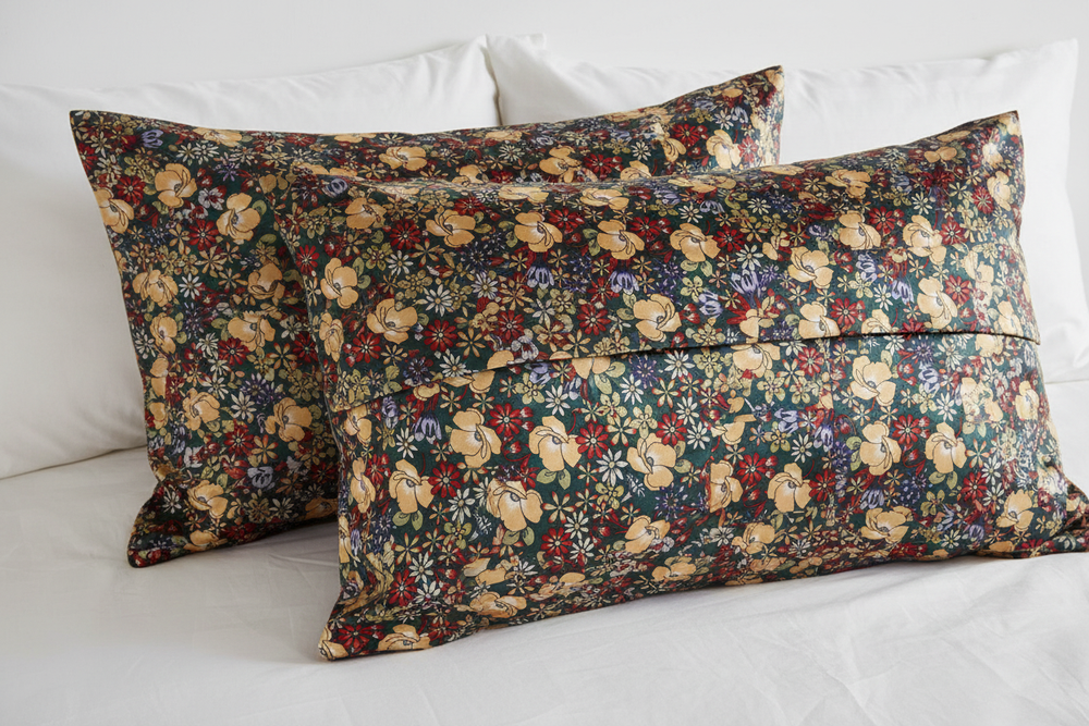 Set of 2 pillowcases in green burgundy colorful floral charmeuse satin fabric