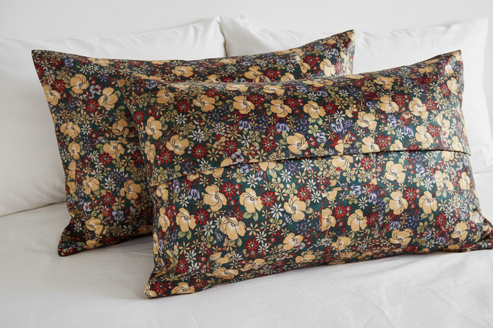 Set of 2 pillowcases in green burgundy colorful floral charmeuse satin fabric