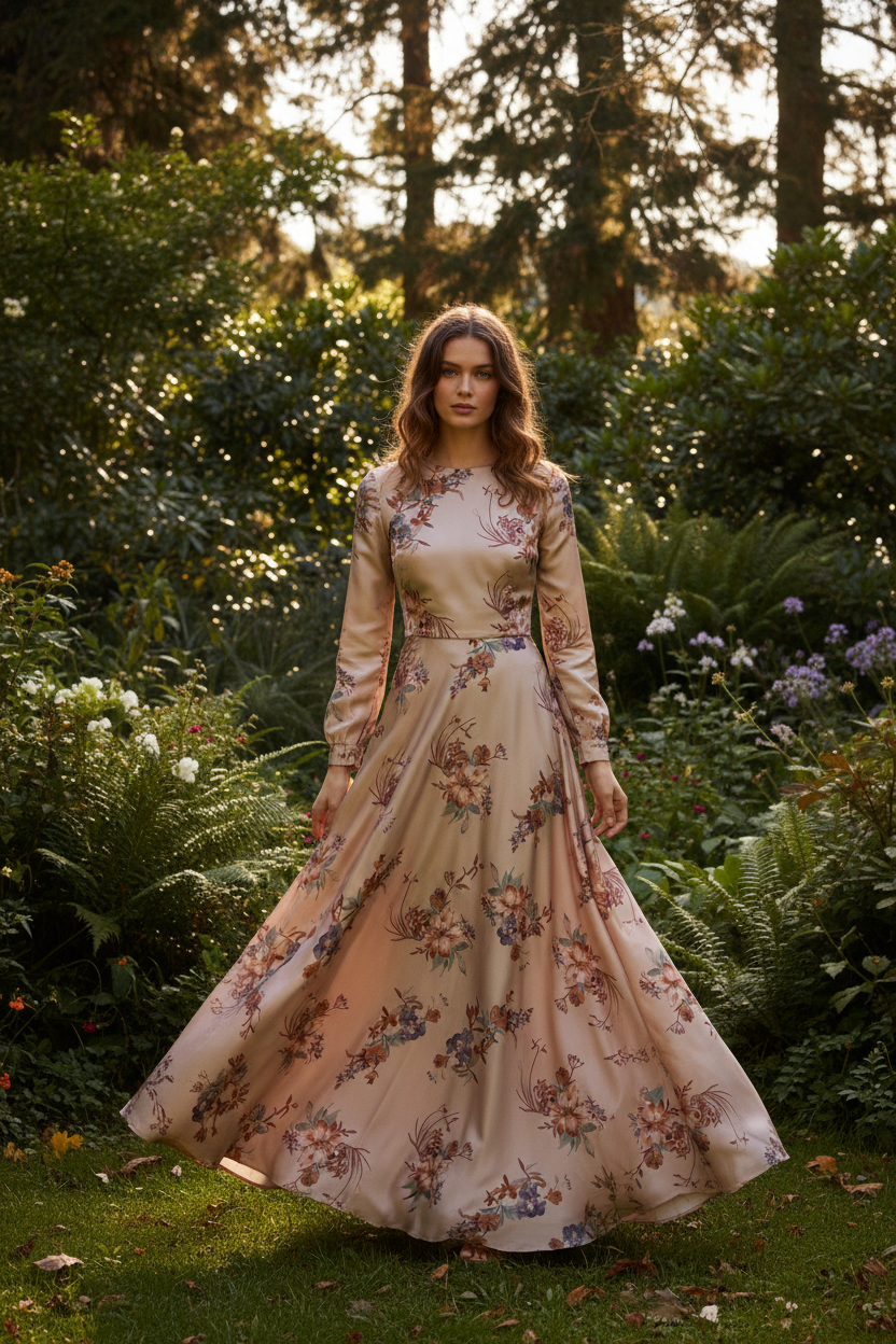 Flowing dress made from rusty ivory flowers with lavender and black on a sage background floral satin fabric in an outdoor setting