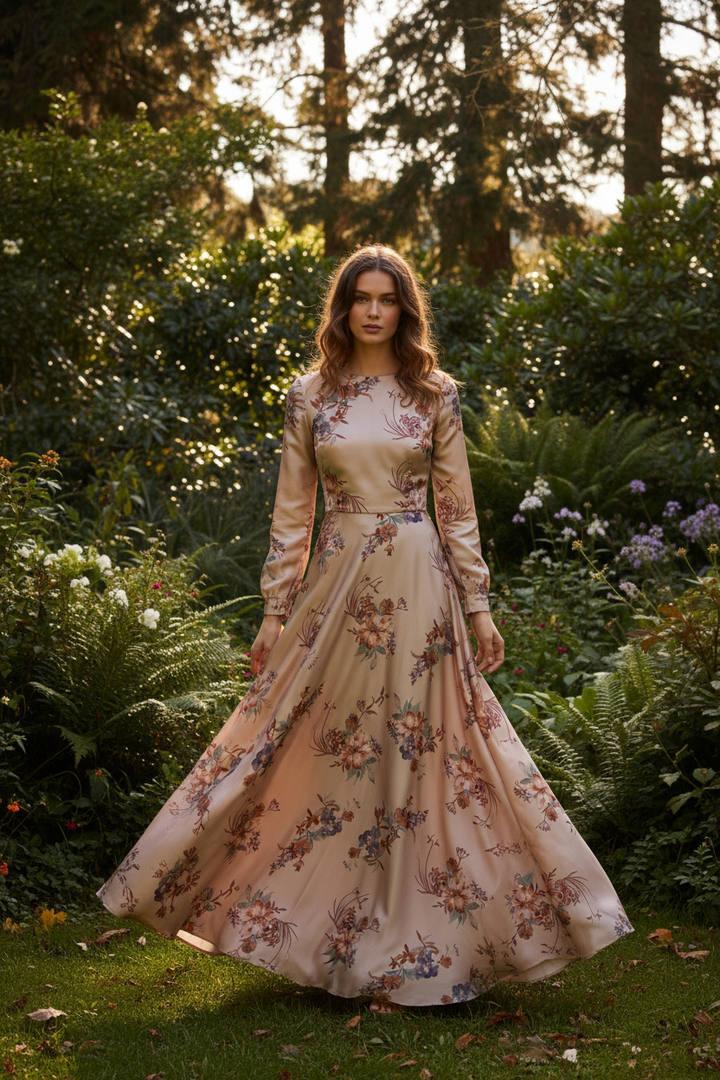Flowing dress made from rusty ivory flowers with lavender and black on a sage background floral satin fabric in an outdoor setting