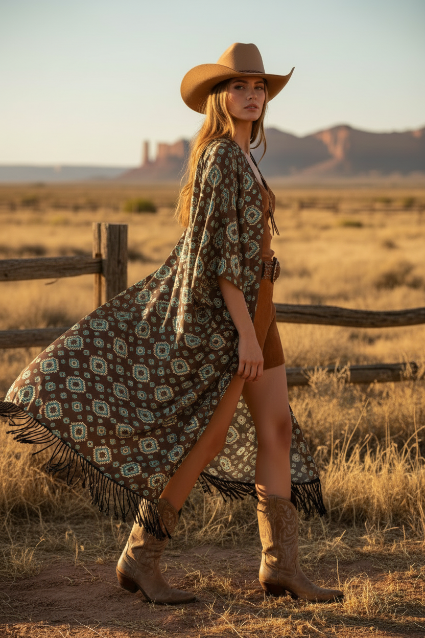 Young female model wearing flowing western fringed kimono in brown and teal tribal print satin charmeuse with cowgirl hat and boots at golden hour