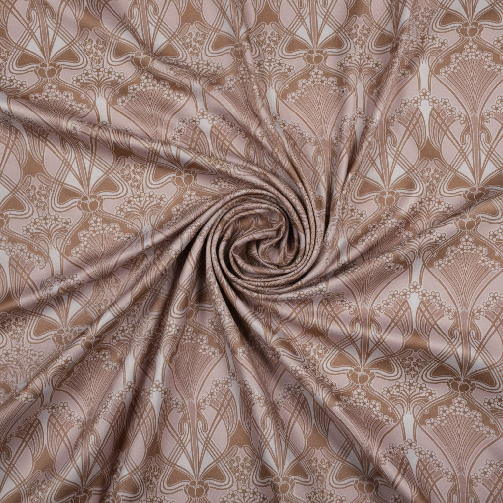 Dusty pink and taupe floral satin charmeuse fabric swirled in an elegant editorial composition