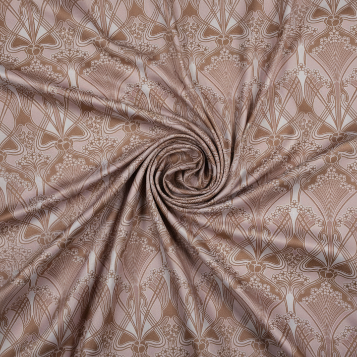 Dusty pink and taupe floral satin charmeuse fabric swirled in an elegant editorial composition