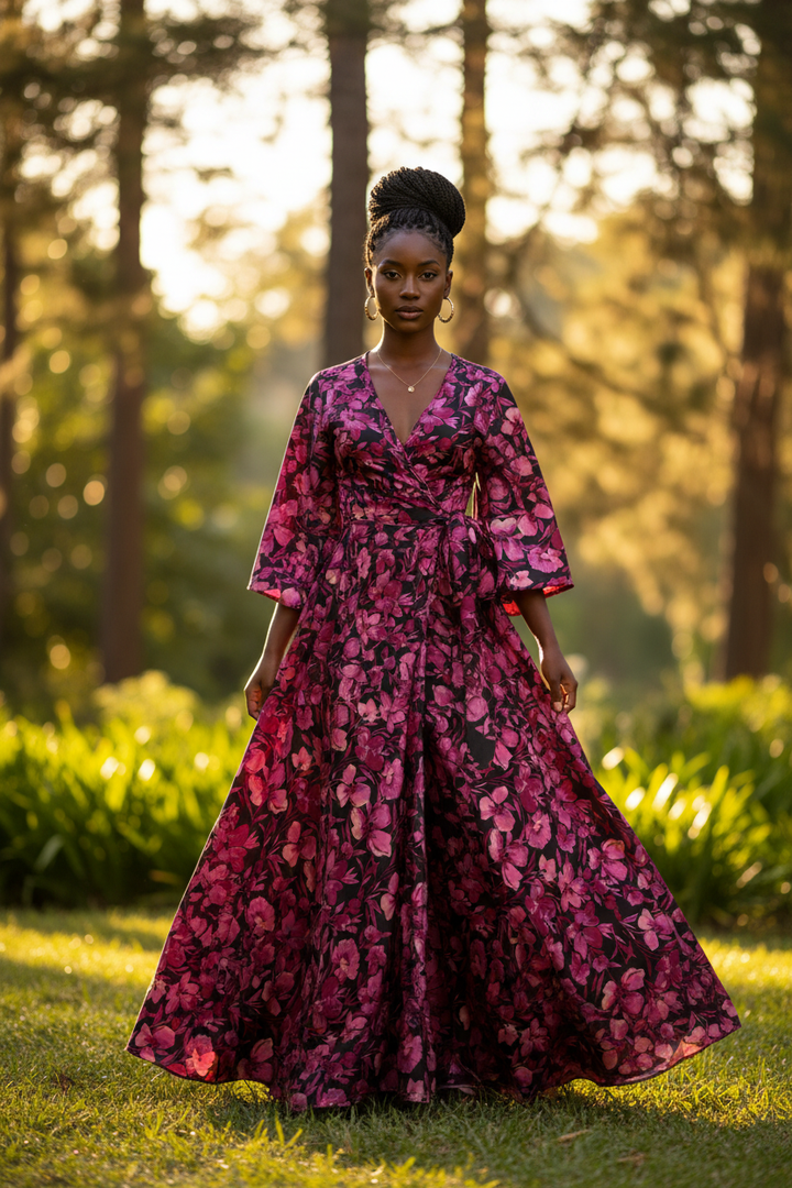 Young African American woman wearing an African-style wrap dress made from black and magenta floral satin fabric in an outdoor setting