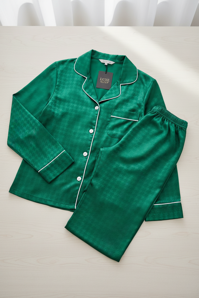 Pajama set made from emerald houndstooth silky jacquard satin fabric