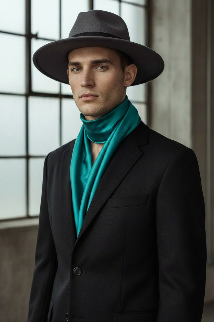 Male model wearing a teal satin scarf with black blazer and wide brim hat