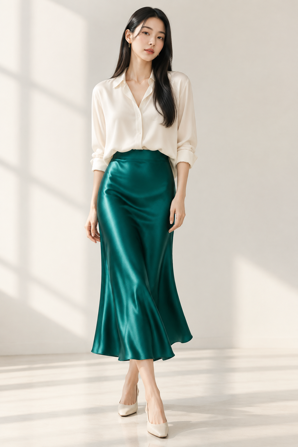Styling concept showing deep emerald-blue silk charmeuse as a slip skirt with a cream blouse on a Korean fashion model; finished skirt is not included