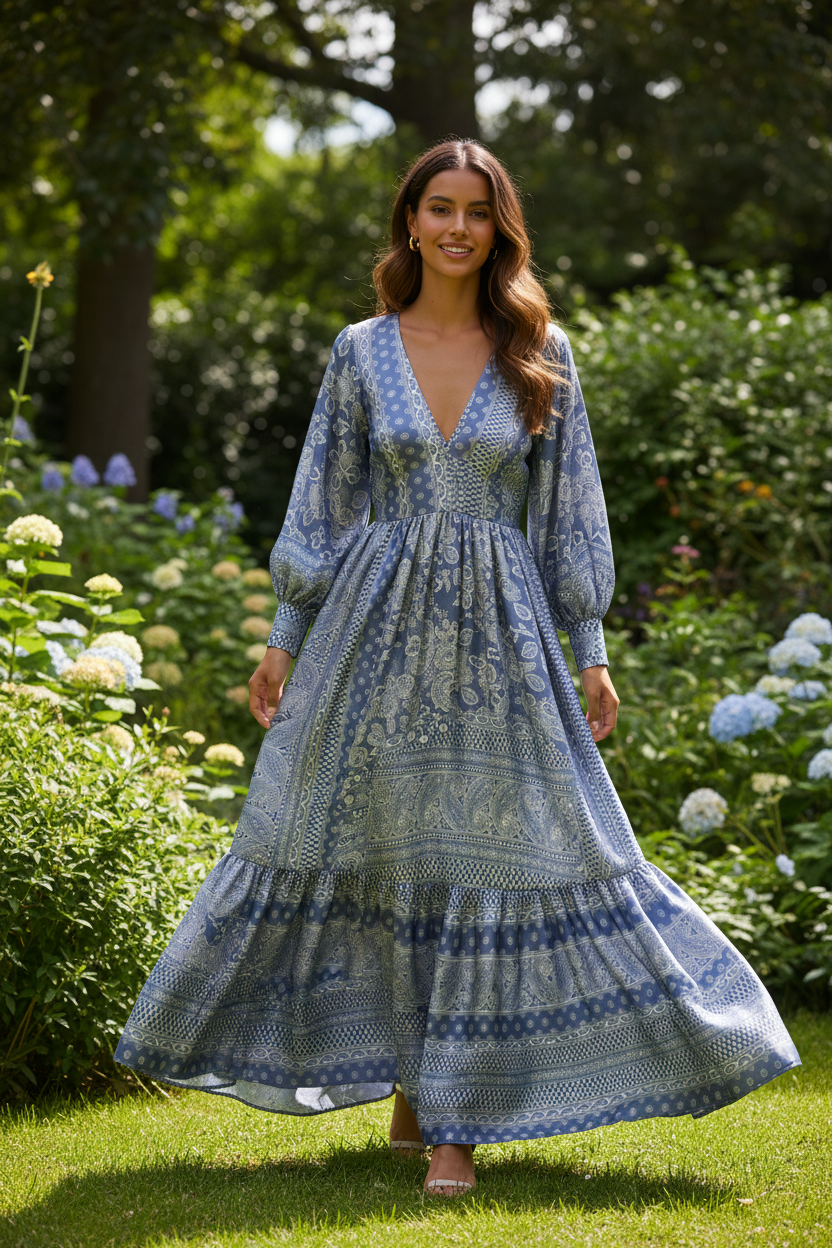 Flowing dress made from lightweight paisley print satin fabric in an outdoor setting