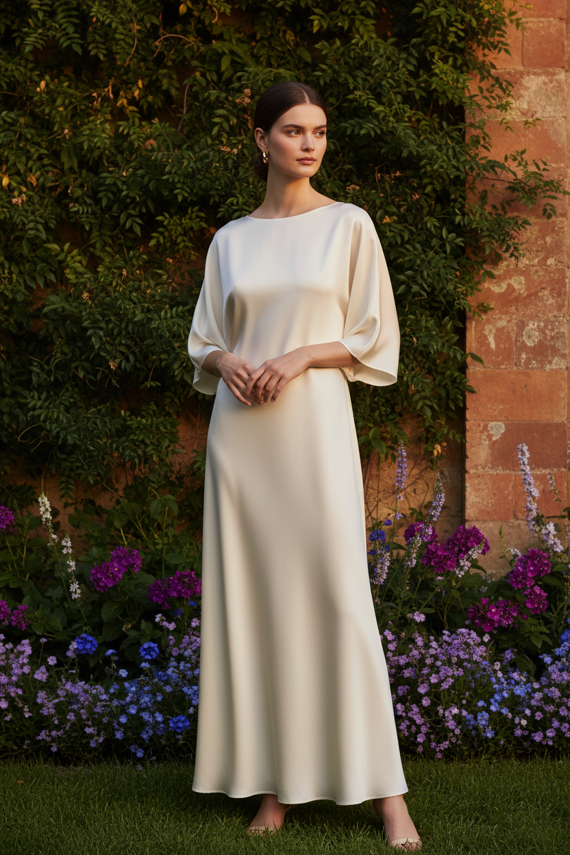 Model wearing an ivory satin mid-calf maxi dress with natural fabric body and waves, outdoor contrasting garden setting