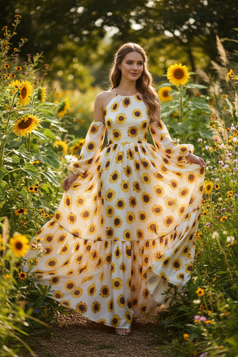 Flowing dress made from white satin fabric with yellow sunflowers in an outdoor setting