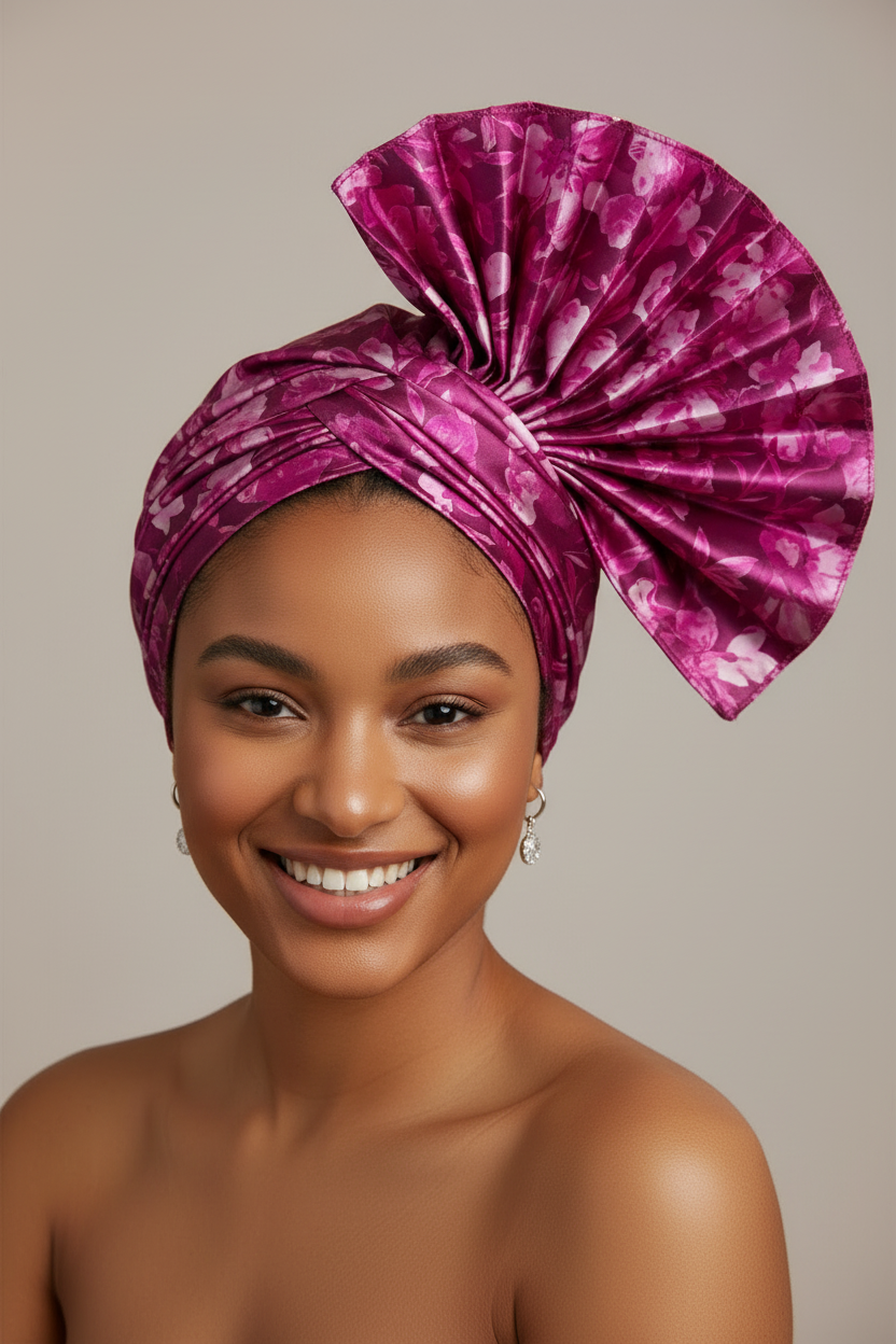Young African American woman wearing a Nigerian gele head wrap made from magenta floral charmeuse satin fabric