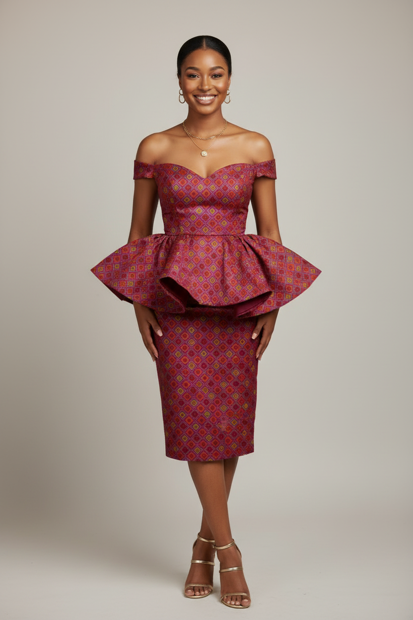 Young African woman wearing an Ankara-style peplum dress made from burgundy geometric squares charmeuse satin fabric