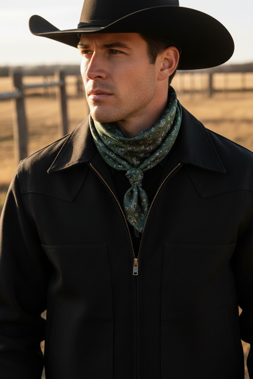 Male model in black work jacket and cowboy hat wearing a green dainty paisley satin wildrag wrapped around neck with center knot, tails tucked into jacket, western outdoor setting