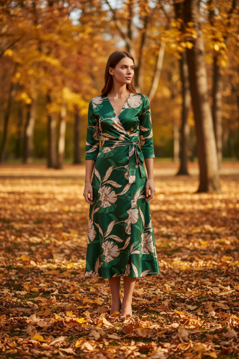 Woman model wearing a midi-length wrap dress with 3/4 sleeves in emerald green satin with large cream and gold botanical floral print, outdoor fall setting with autumn leaves