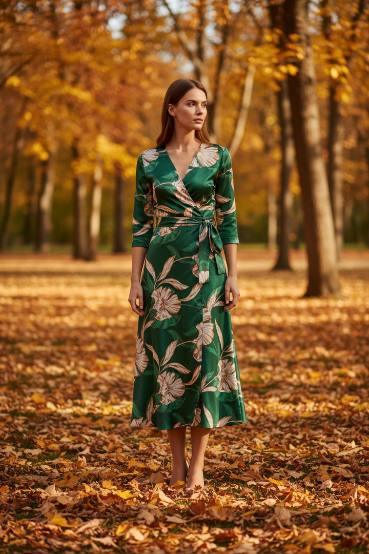 Woman model wearing a midi-length wrap dress with 3/4 sleeves in emerald green satin with large cream and gold botanical floral print, outdoor fall setting with autumn leaves