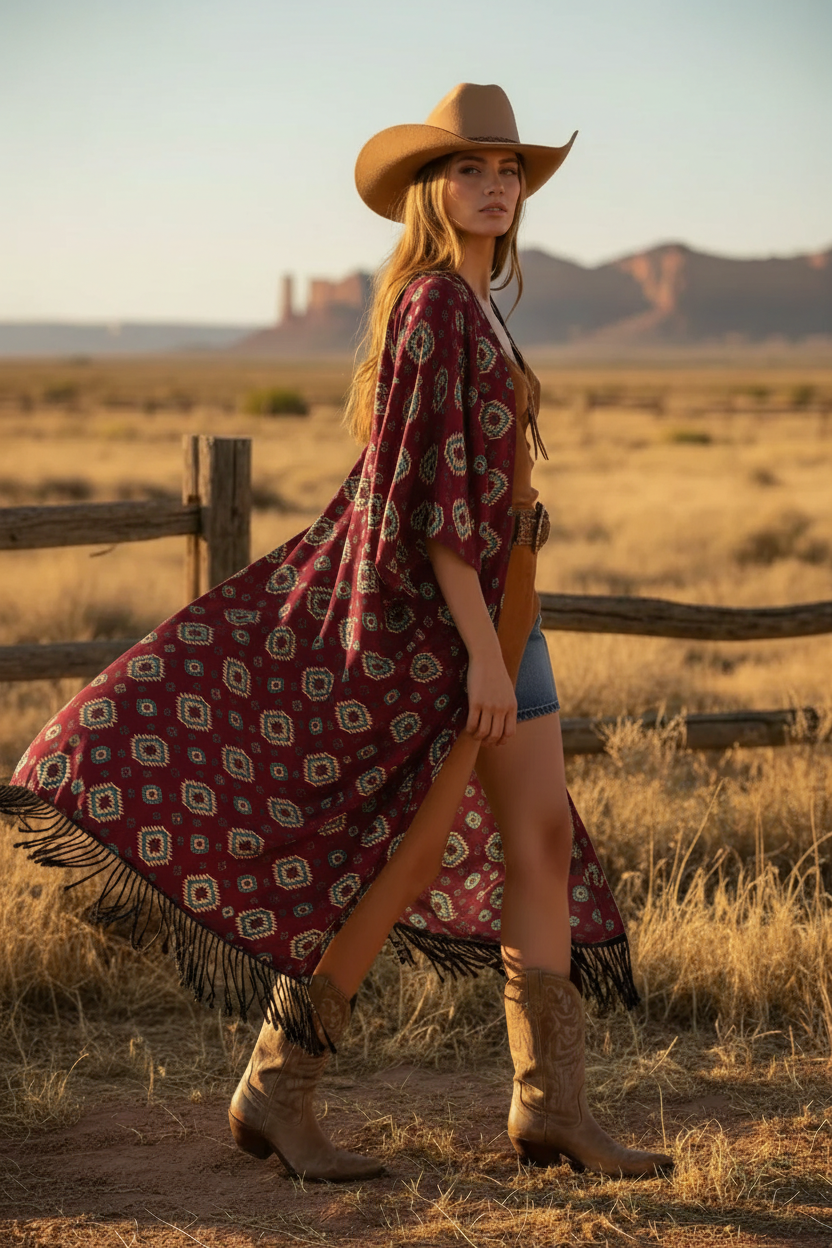 Model wearing burgundy tribal print kimono coat with cowboy boots, denim skirt, and western hat