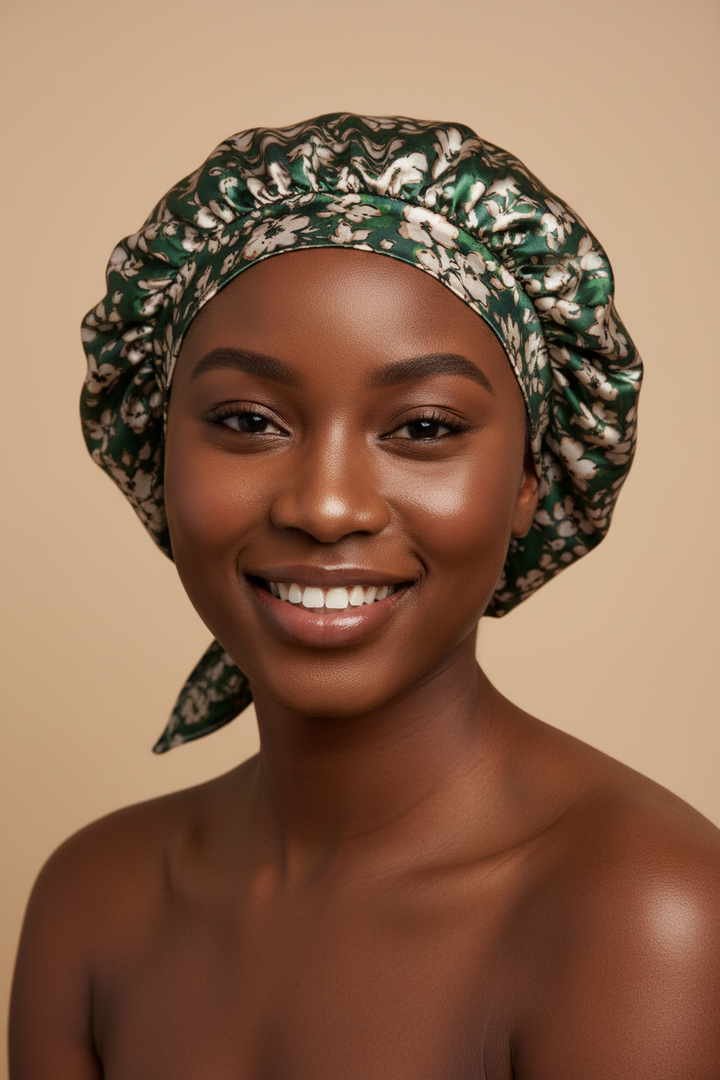 Young African American woman wearing a satin hair bonnet made from green floral print charmeuse satin fabric