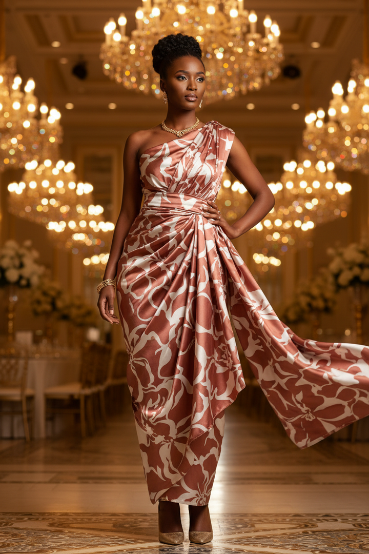 African model wearing a Rwandan Mushanana dress in floral two-toned print faux silk charmeuse satin at an elegant indoor party setting
