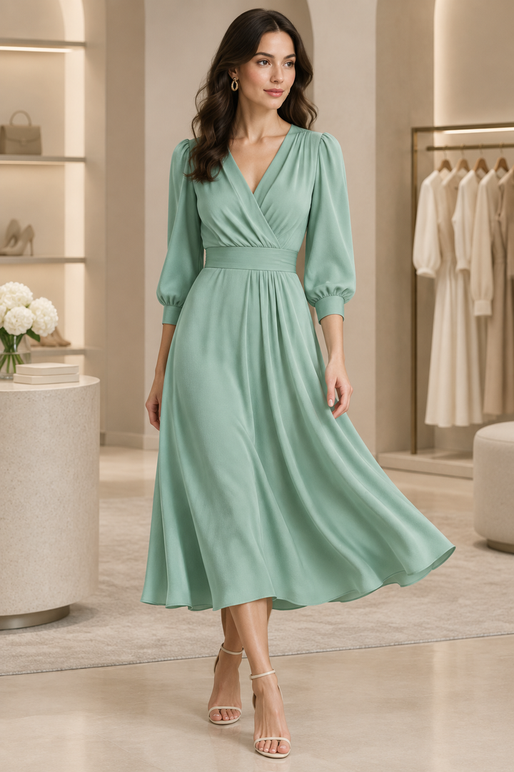 Model wearing a flowing sea glass silk crepe de chine dress in a boutique